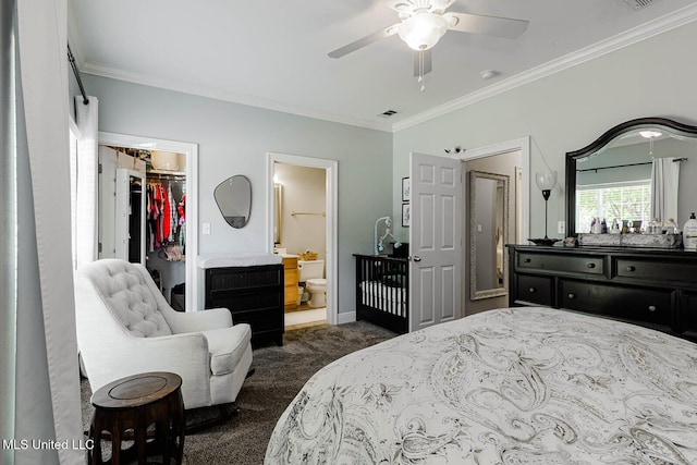 118 Armand Oaks, Ocean Springs, MS 39564 - bedroom featuring dark carpet, ornamental molding, a walk in closet, connected bathroom, and ceiling fan
