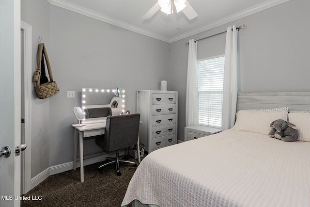 118 Armand Oaks, Ocean Springs, MS 39564 - bedroom with dark carpet, ornamental molding, baseboards, a desk, and ceiling fan