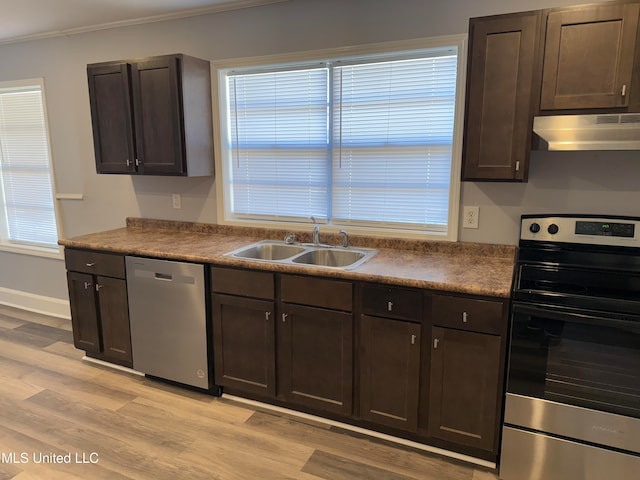 kitchen featuring extractor fan, stainless steel appliances, a healthy amount of sunlight, sink, and light hardwood / wood-style floors