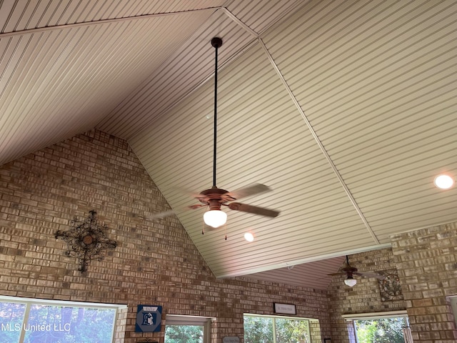 details with wood ceiling and ceiling fan