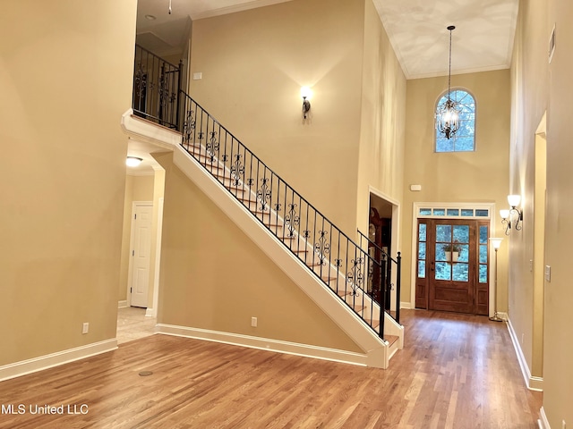 entrance foyer with light hardwood / wood-style flooring, a high ceiling, and plenty of natural light