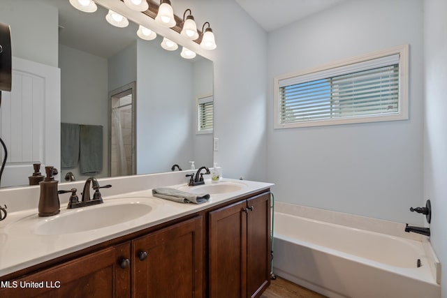 bathroom with a garden tub, double vanity, and wood finished floors
