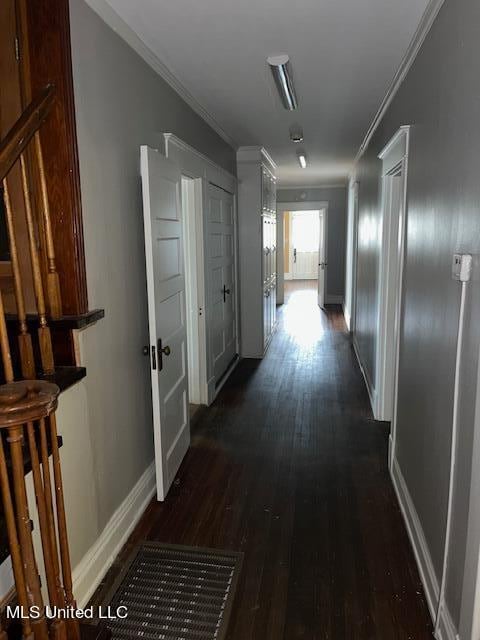 hall featuring dark wood-type flooring and crown molding