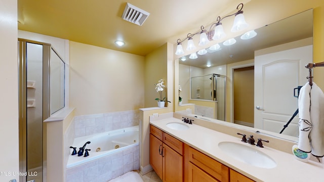 bathroom with vanity, plus walk in shower, and tile patterned floors