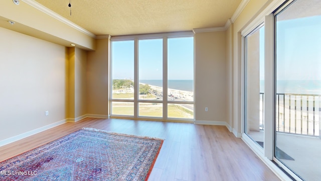 spare room with a water view, crown molding, a textured ceiling, and light hardwood / wood-style flooring