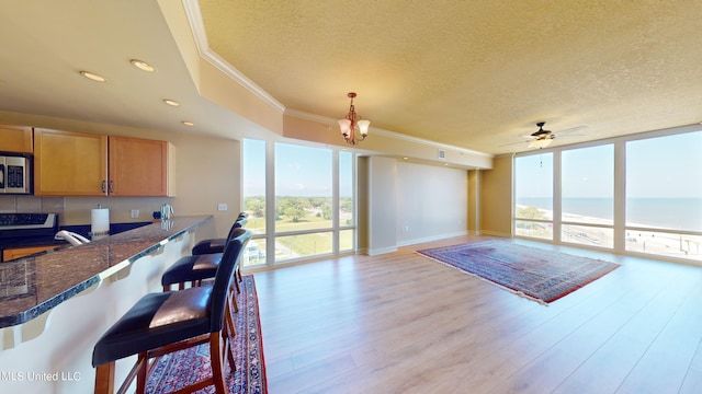 kitchen featuring floor to ceiling windows, kitchen peninsula, a water view, and a wealth of natural light