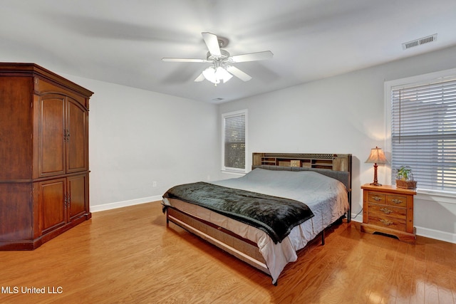 bedroom featuring ceiling fan and light wood-type flooring