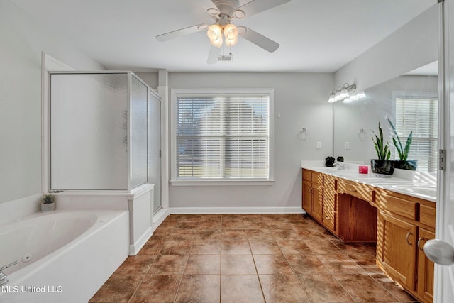 bathroom featuring tile patterned flooring, vanity, separate shower and tub, and ceiling fan