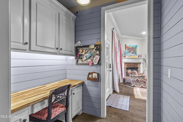 mudroom with ornamental molding, a fireplace, dark wood finished floors, and wooden walls