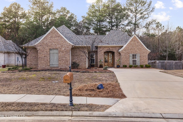 view of front facade featuring a shingled roof, fence, and brick siding