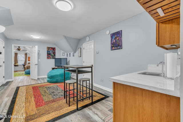 kitchen featuring ceiling fan, light hardwood / wood-style flooring, and sink