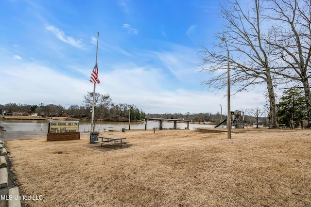 view of community with a water view