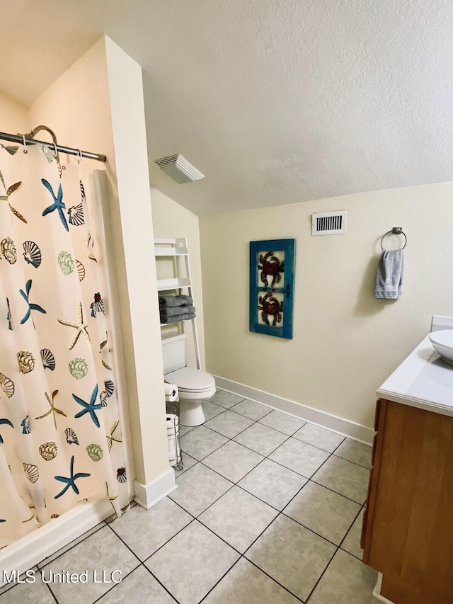 full bathroom with toilet, a textured ceiling, visible vents, and tile patterned floors