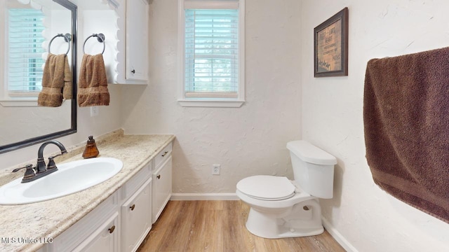 bathroom with vanity, toilet, and hardwood / wood-style flooring