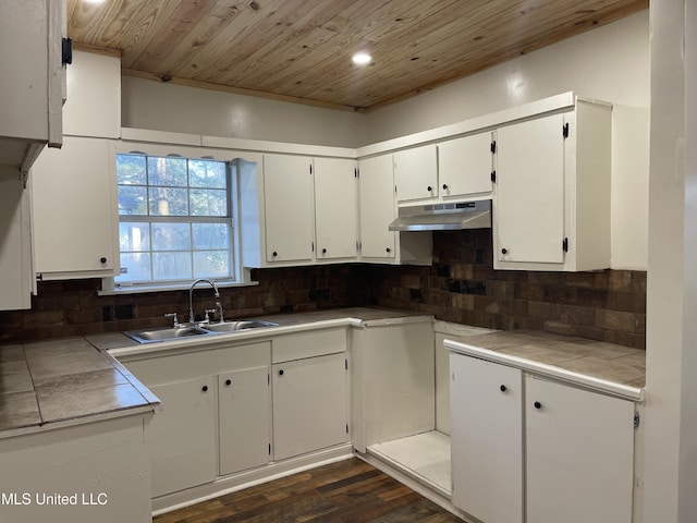 kitchen featuring under cabinet range hood, wood ceiling, decorative backsplash, dark wood-style floors, and a sink