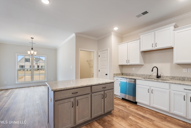 3786 Roland Dr, Southaven, MS 38672 - kitchen with a center island, white cabinetry, visible vents, dishwasher, and a sink