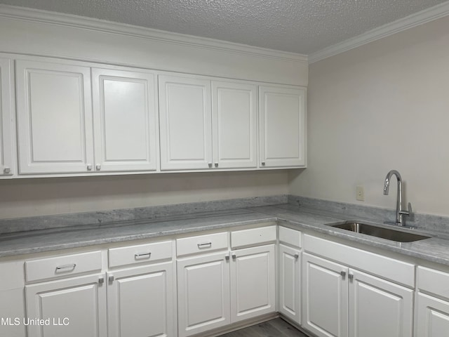 washroom featuring crown molding, a textured ceiling, sink, and dark hardwood / wood-style flooring