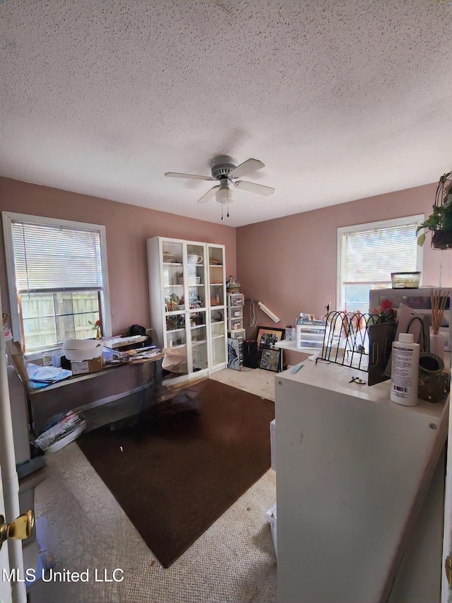 office area with ceiling fan, plenty of natural light, and a textured ceiling