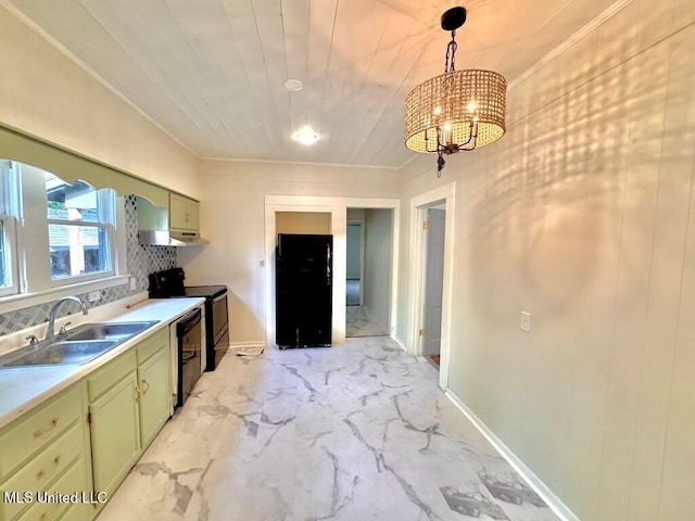 319 S 4th St, Mccomb, MS 39648 - kitchen with green cabinetry, black appliances, a sink, light marble finish floors, and ornamental molding