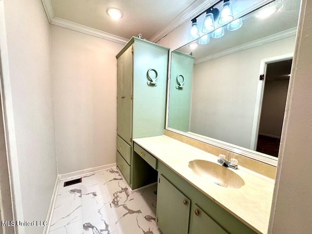 319 S 4th St, Mccomb, MS 39648 - bathroom with marble finish flooring, crown molding, vanity, and baseboards