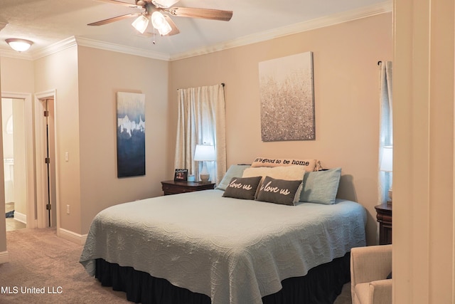 carpeted bedroom with crown molding and ceiling fan