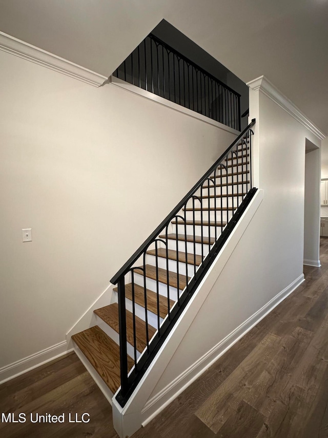 staircase with hardwood / wood-style flooring and ornamental molding