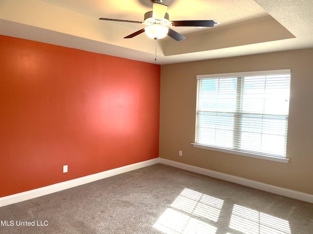 empty room featuring a raised ceiling, ceiling fan, and carpet flooring