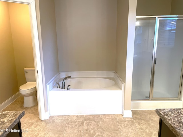 full bathroom featuring vanity, separate shower and tub, tile patterned floors, and toilet