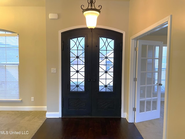 carpeted foyer entrance with french doors and plenty of natural light