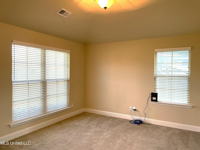 spare room with carpet and lofted ceiling