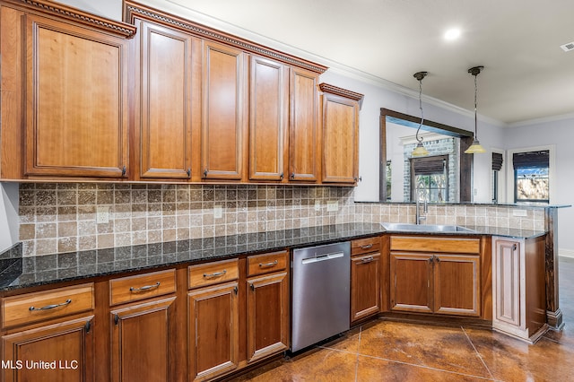 kitchen with hanging light fixtures, stainless steel dishwasher, dark stone counters, ornamental molding, and sink