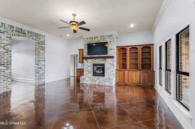 unfurnished living room featuring a fireplace, crown molding, ceiling fan, and recessed lighting