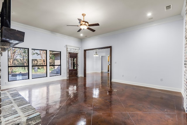 interior space with visible vents, ornamental molding, baseboards, and ceiling fan