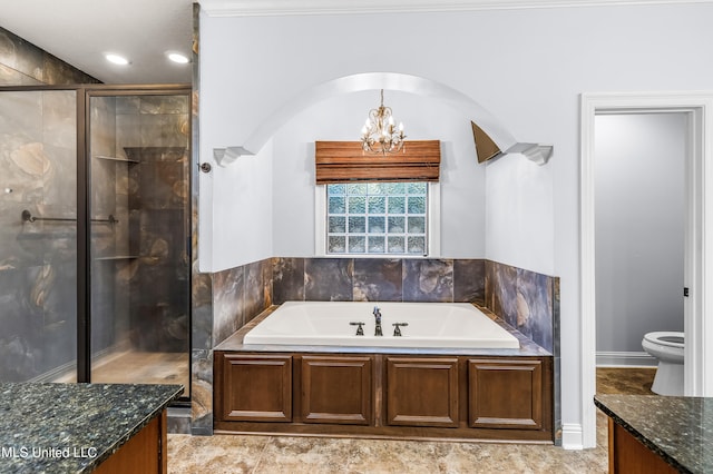 full bathroom with toilet, separate shower and tub, crown molding, vanity, and a chandelier