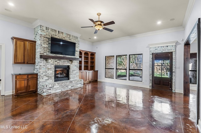 unfurnished living room with a fireplace, crown molding, a ceiling fan, and baseboards