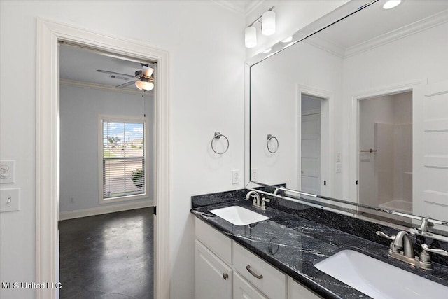 104 Glenwild Trl, Canton, MS 39046 - full bathroom with crown molding, double vanity, ceiling fan, and finished concrete flooring
