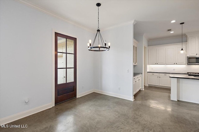 104 Glenwild Trl, Canton, MS 39046 - unfurnished dining area featuring concrete floors, a chandelier, ornamental molding, and recessed lighting