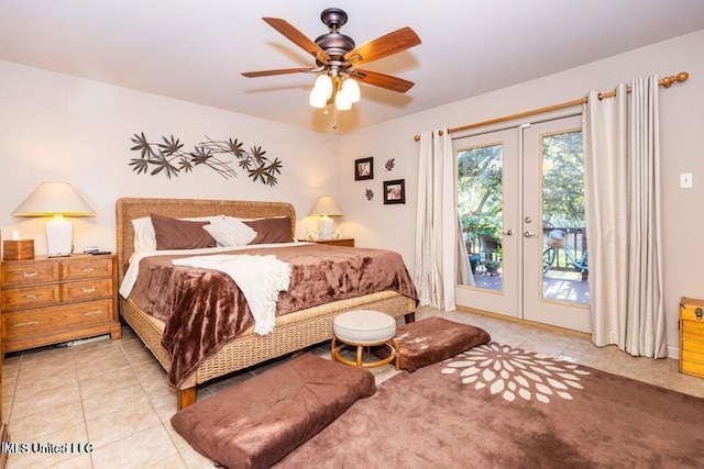 tiled bedroom with ceiling fan, access to exterior, and french doors