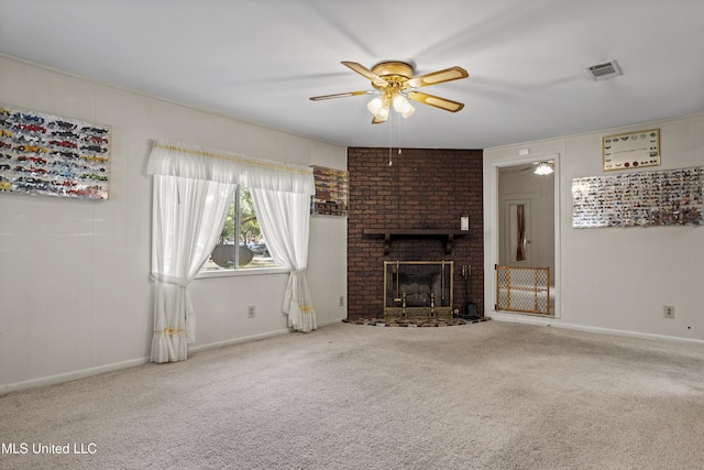 2900 7th Ave, Gulfport, MS 39501 - unfurnished living room with ceiling fan, carpet floors, a brick fireplace, and baseboards