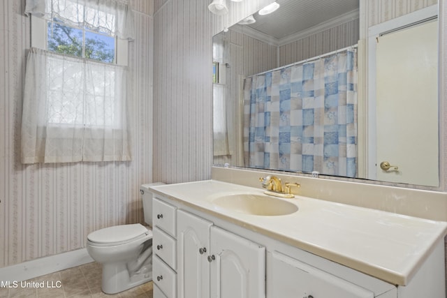 2900 7th Ave, Gulfport, MS 39501 - bathroom featuring wallpapered walls, toilet, tile patterned floors, vanity, and a shower with shower curtain