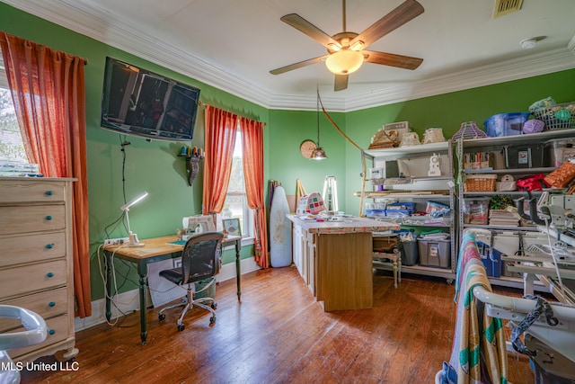 office area featuring ornamental molding, hardwood / wood-style floors, and ceiling fan