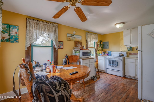 dining space with ceiling fan, electric panel, and hardwood / wood-style floors