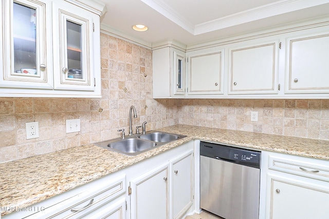 65 Breakers Ln, Ridgeland, MS 39157 - kitchen with dishwasher, a sink, ornamental molding, white cabinetry, and recessed lighting