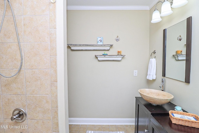 65 Breakers Ln, Ridgeland, MS 39157 - bathroom featuring ornamental molding, baseboards, vanity, tile patterned floors, and a shower