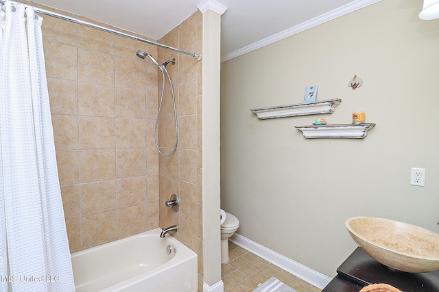 full bathroom featuring sink, tile patterned flooring, crown molding, toilet, and shower / bath combo with shower curtain