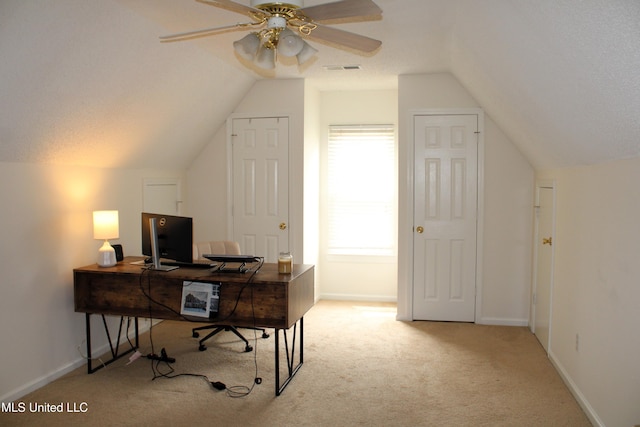6904 Braybourne Main, Olive Branch, MS 38654 - office space featuring lofted ceiling, carpet, a ceiling fan, and baseboards