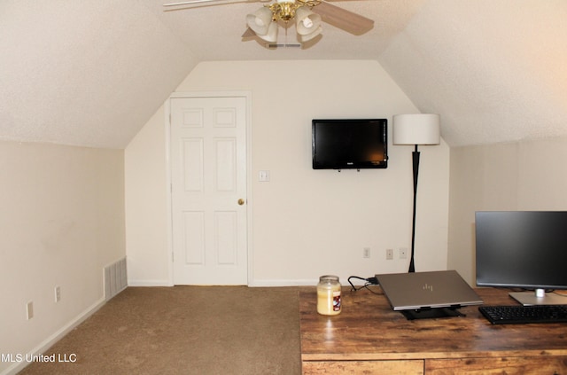 6904 Braybourne Main, Olive Branch, MS 38654 - office area featuring vaulted ceiling, a ceiling fan, carpet, and baseboards