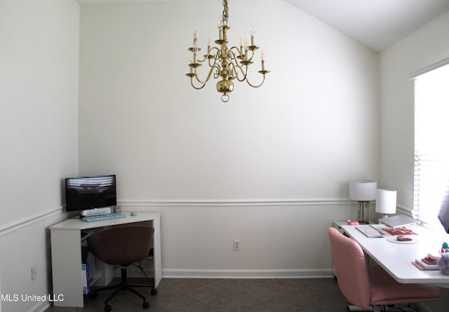 6904 Braybourne Main, Olive Branch, MS 38654 - office area with a chandelier, baseboards, and vaulted ceiling
