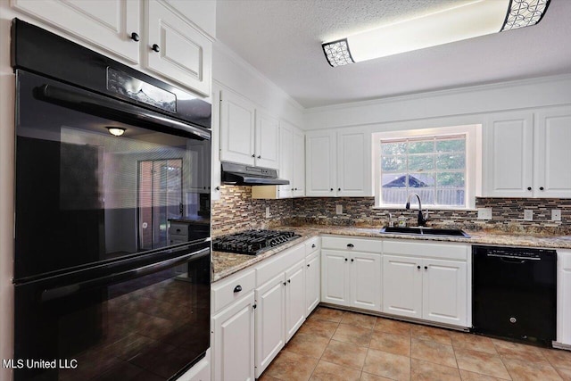 603 Herndon Hl, Clinton, MS 39056 - kitchen featuring black appliances, a sink, under cabinet range hood, ornamental molding, and backsplash