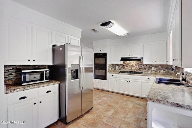 kitchen with sink, black appliances, white cabinetry, and crown molding